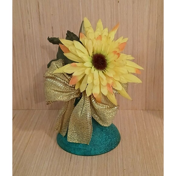 Rustic Metal Blue Ringing Bell with Sunflower Gold Bow Country Farmhouse Decor - Picture 2 of 11